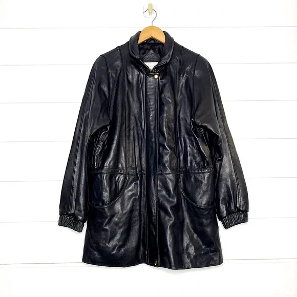 Vintage Genuine Lambskin Leather Black Parka w/ Fox Fur Trimmed Removable Hood - Picture 3 of 15